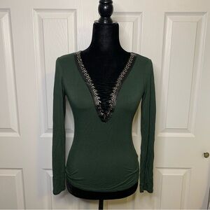 Venus Forest Green Long Sleeve Lace-Up V-Neck Top
